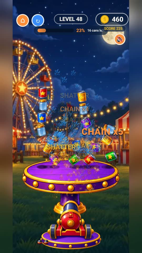 Midway Smash gameplay: a cannon aimed at a stack of cans on a carnival table
